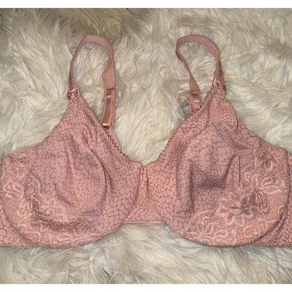 Olga 35063 Luxury Lift Full Coverage Bra UW Unlined Printed Lace Womens 40C Pink - Picture 3 of 6